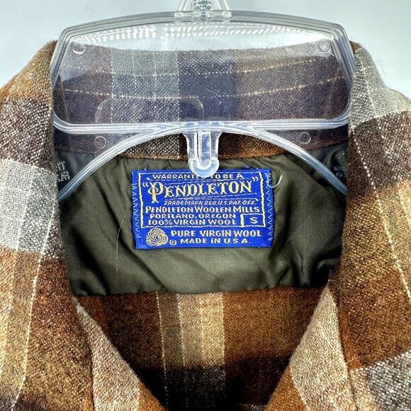 vintage 60s PENDLETON BOARD SHIRT plaid 100% wool long sleeve brown XS S - Picture 7 of 8